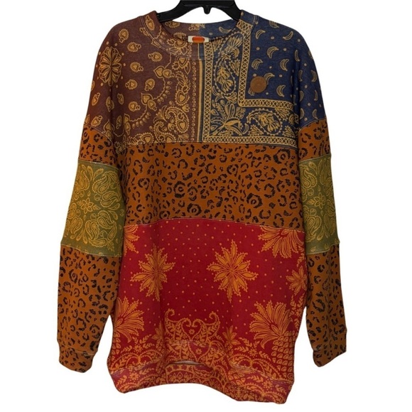 FARM Rio Tops - FARM Rio Bandana Mixed Leopard Floral Patchwork Oversized Sweatshirt, sz XS, 🐆 🌼